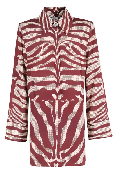 Essentiel Antwerp Ivory And Burgundy Zebra Jacquard Shirt Dress With Rhinestone Button In Multi