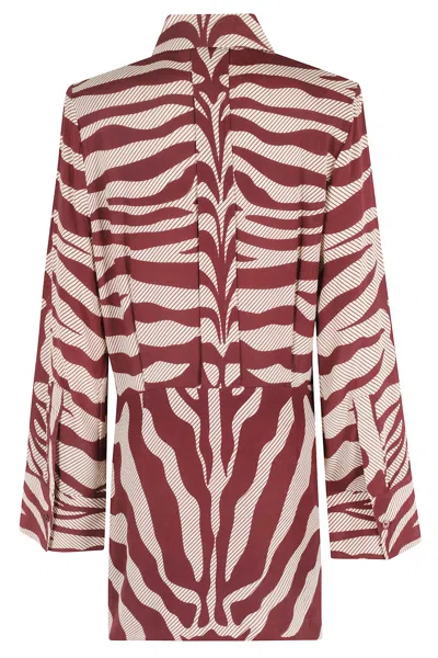 Essentiel Antwerp Ivory And Burgundy Zebra Jacquard Shirt Dress With Rhinestone Button In Multi
