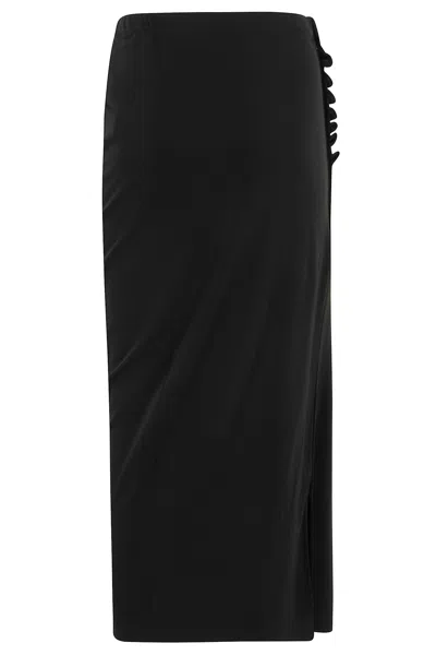 Rabanne Draped Black Midi Skirt With Side Buttons And Slit In Black