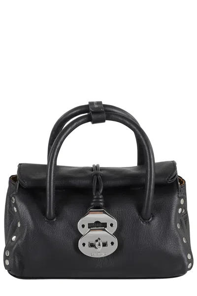 Zanellato Structured Black Hammered Leather Bag With Twist Lock Closure In Black