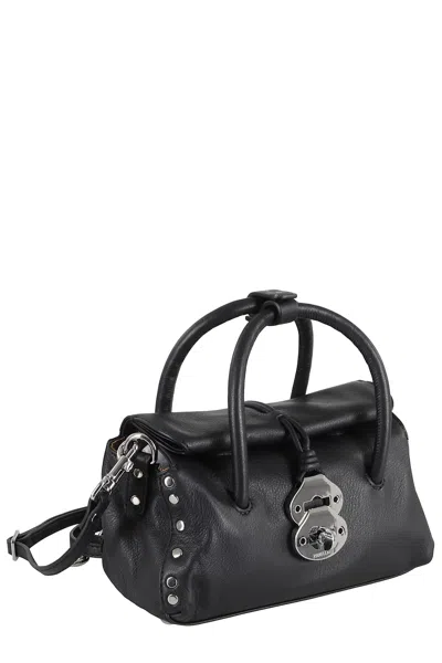 Zanellato Structured Black Hammered Leather Bag With Twist Lock Closure In Black