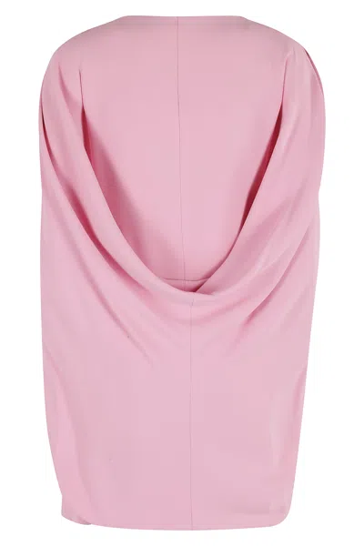 Alberta Ferretti Pink Crew Neck Dress With Cap Sleeves And Draped Shoulders In Fabric Woman In Pink