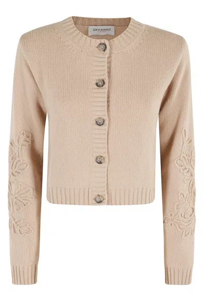 Ermanno Firenze Floral-embroidered Button Cardigan In Brown