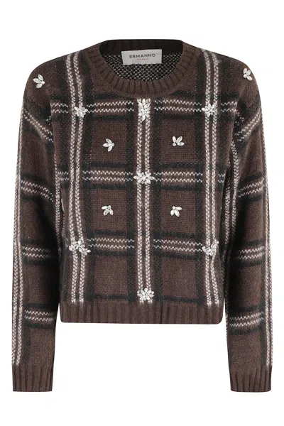 Ermanno Firenze Crew Neck Cropped Sweater In Brown