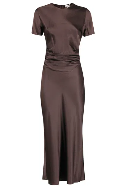 Staud Marcel Ruched Stretch-silk Charmeuse Midi Dress In Brown