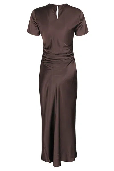 Staud Marcel Ruched Stretch-silk Charmeuse Midi Dress In Brown