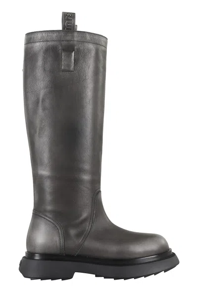 3juin Tall Leather Boots With Rugged Sole In Gray