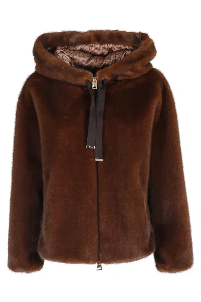 Herno Dark Brown Faux Fur Bomber Jacket With Custom Drawstring Hood In Brown