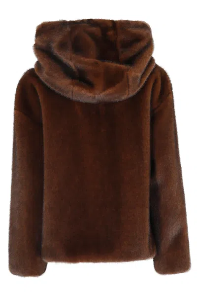Herno Dark Brown Faux Fur Bomber Jacket With Custom Drawstring Hood In Brown