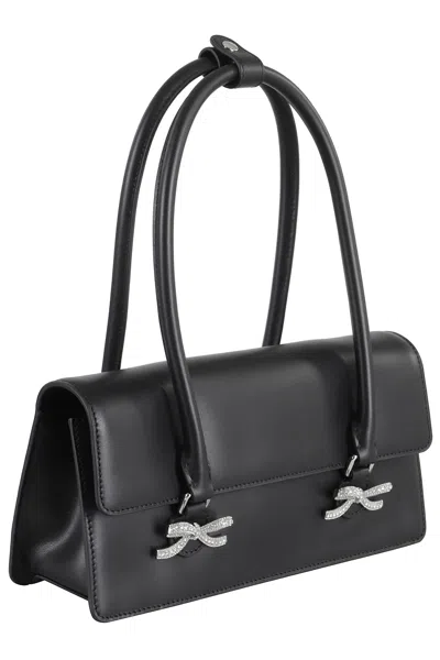 Self-portrait Black Leather Shoulder Bag With Crystal Bows In Black