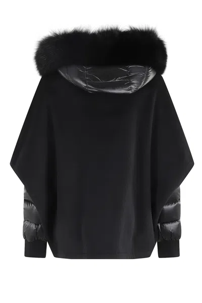 Moorer Cape-design Wool Coat With Down Jacket And Fox Fur Hood In Black
