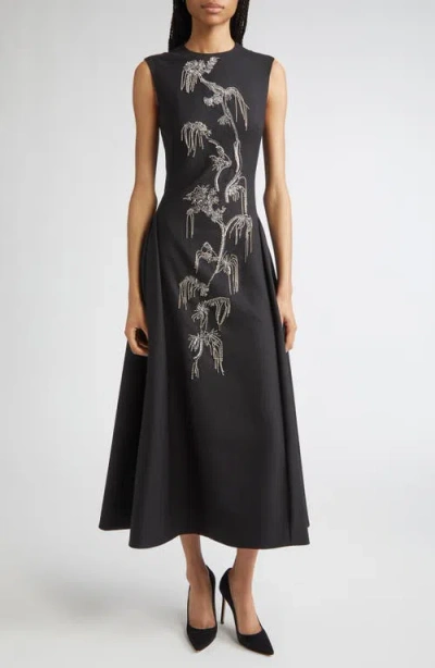 Lela Rose Crystal Embroidered Stretch Twill A-line Dress In Black