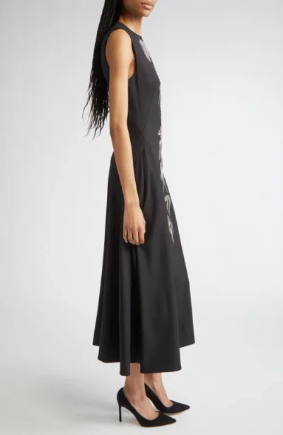 Lela Rose Crystal Embroidered Stretch Twill A-line Dress In Black