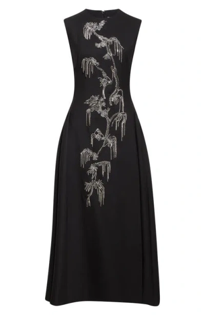 Lela Rose Crystal Embroidered Stretch Twill A-line Dress In Black