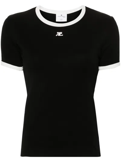Courrèges Signature Contrast Cotton T-shirt In Black