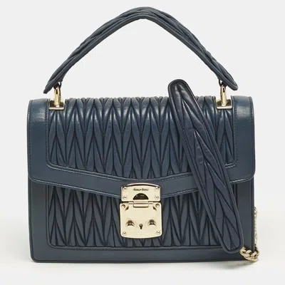Pre-owned Miu Miu Navy Blue Matelassé Leather Pushlock Flap Top Handle Bag