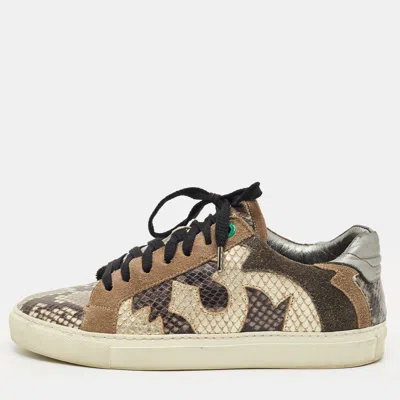 Pre-owned Zadig & Voltaire Multicolor Python Embossed Leather And Suede Trainer Sneakers Size 38