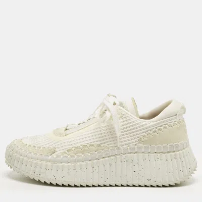 Pre-owned Chloé White Knit Fabric And Suede Nama Platform Low Top Sneakers Size 40