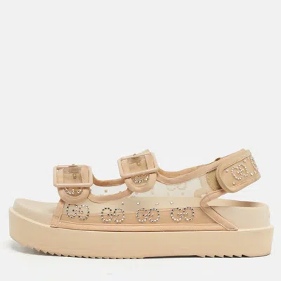 Pre-owned Gucci Beige Mesh And Suede Gg Crystal Embellished Platform Sandals Size 39