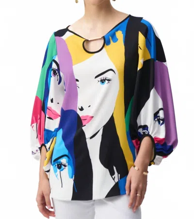 Joseph Ribkoff Face Print Color Block Puff Sleeve Top In Vanilla/multi In Multi