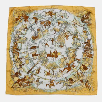 Pre-owned Hermes Carre Les Amazones Lady On Horseback 90 Yellow/multicolor Silk Scarves