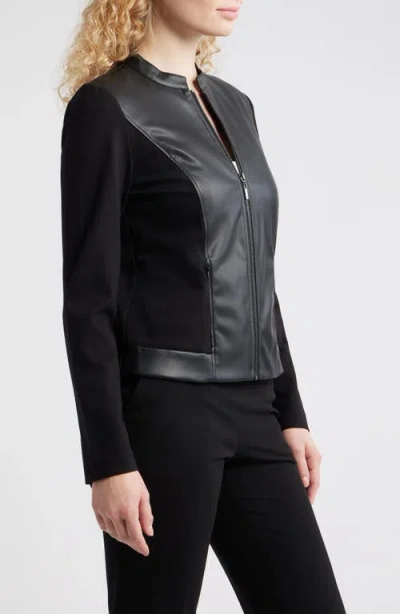 Ak Anne Klein Faux Leather Mixed Media Jacket In Black