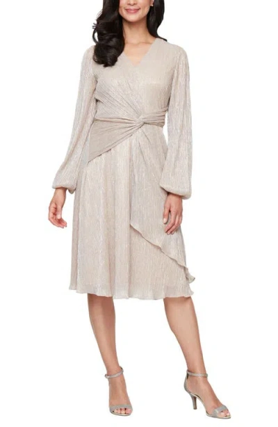 Sl Fashions Knot Front Long Sleeve Metallic Chiffon Cocktail Dress In Neutral