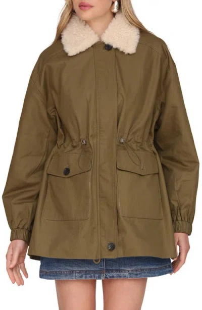 Avec Les Filles Cinched Cotton Jacket With Faux Shearling Collar In Multi