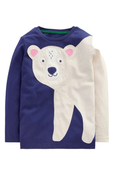 Mini Boden Kids' Polar Bear Appliqué Long Sleeve Cotton T-shirt In Blue
