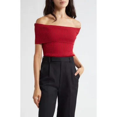 Ramy Brook Luke Foldover Off The Shoulder Rib Top In Red