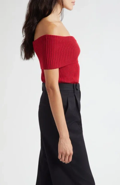 Ramy Brook Luke Foldover Off The Shoulder Rib Top In Red