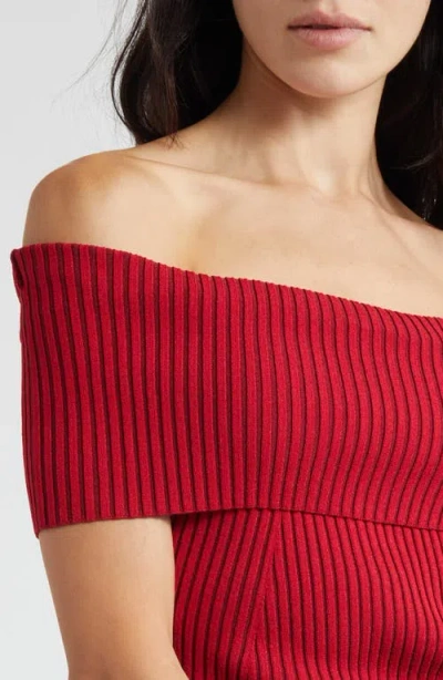 Ramy Brook Luke Foldover Off The Shoulder Rib Top In Red
