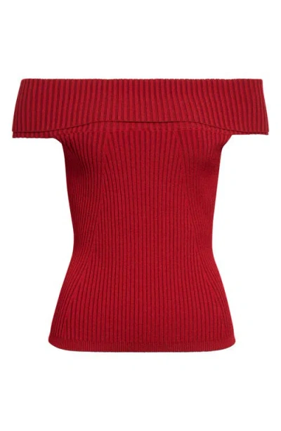 Ramy Brook Luke Foldover Off The Shoulder Rib Top In Red
