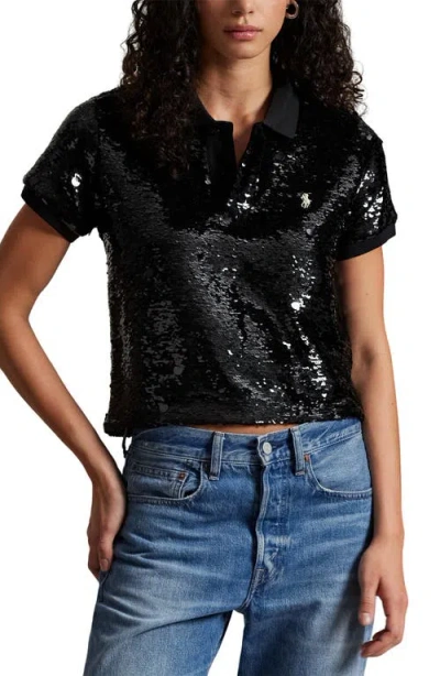 Polo Ralph Lauren Sequined Mesh Crop Polo Shirt In Black