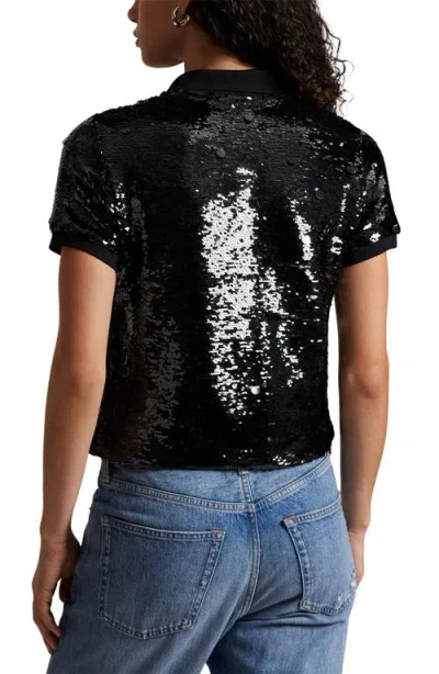 Polo Ralph Lauren Sequined Mesh Crop Polo Shirt In Black
