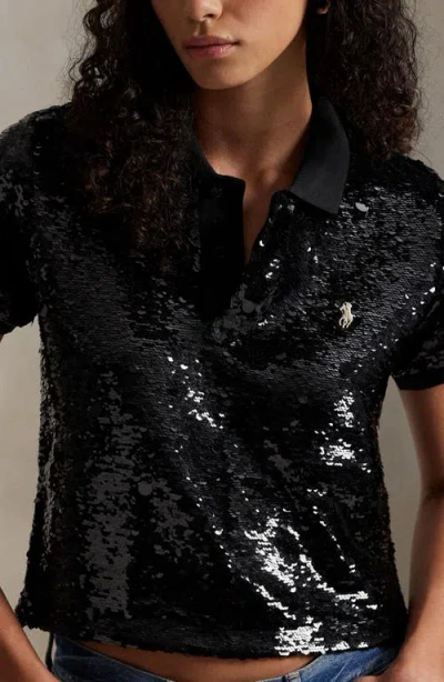 Polo Ralph Lauren Sequined Mesh Crop Polo Shirt In Black