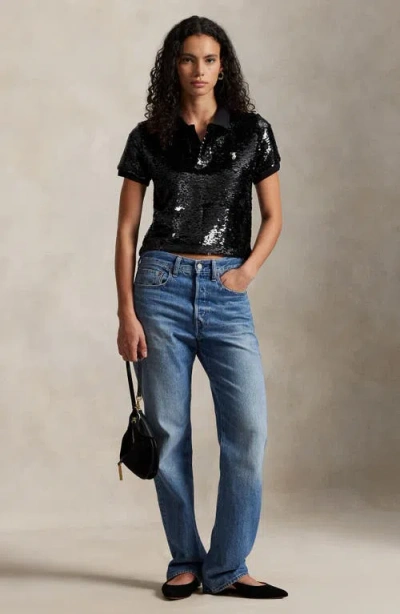 Polo Ralph Lauren Sequined Mesh Crop Polo Shirt In Black