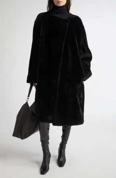 Totême Open Front Shearling Mid-length Coat In Black