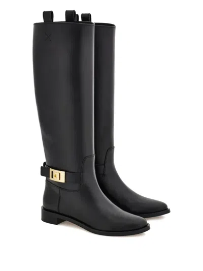 Ferragamo Knee High Boot With Hug Buckle Detail In Black