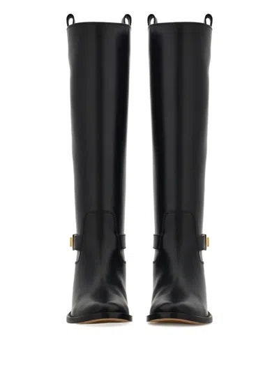 Ferragamo Knee High Boot With Hug Buckle Detail In Black