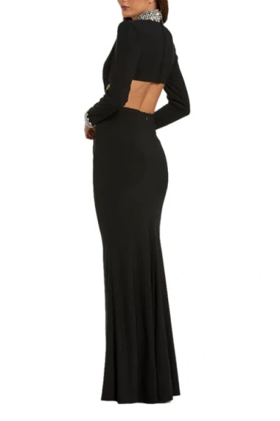 Mac Duggal Embellished Jersey Long Sleeve Cut Out Evening Gown In Black