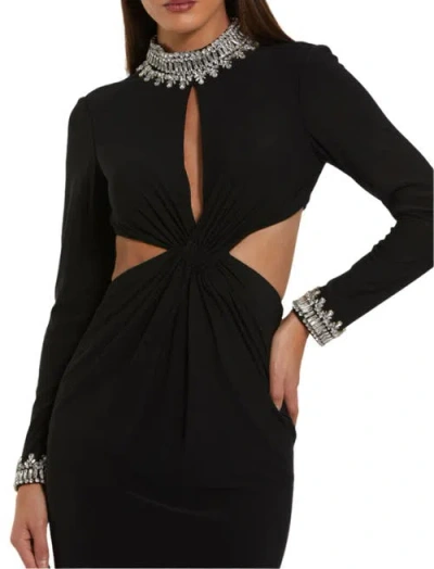 Mac Duggal Embellished Jersey Long Sleeve Cut Out Evening Gown In Black