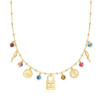 Ross-simons Italian 18kt Gold Over Sterling Charm Necklace With Multicolored Murano Glass Beads In Gold