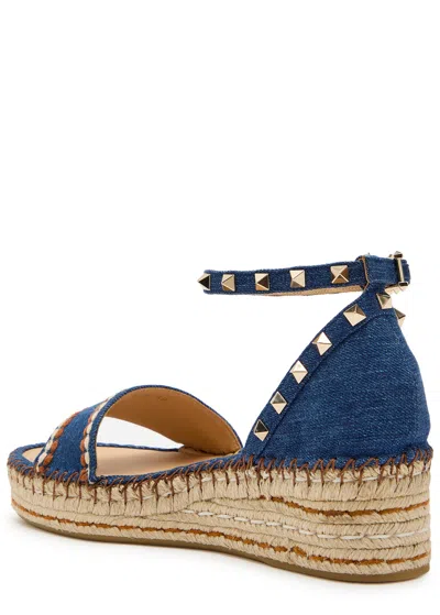 Valentino Garavani Rockstud Double Flatform Sandal In Denim 55mm Woman Blue 39 In Blue