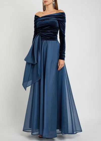 Talbot Runhof Velvet Off-the-shoulder Maxi Dress In Blue