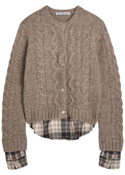 Acne Studios Layered Cable-knit And Checked Cotton-flannel Cardigan In Brown