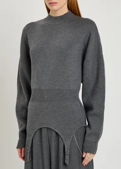 Jean Paul Gaultier High Neck Bat Sleeves Lingerie Garter Pullover Sweater In Gray