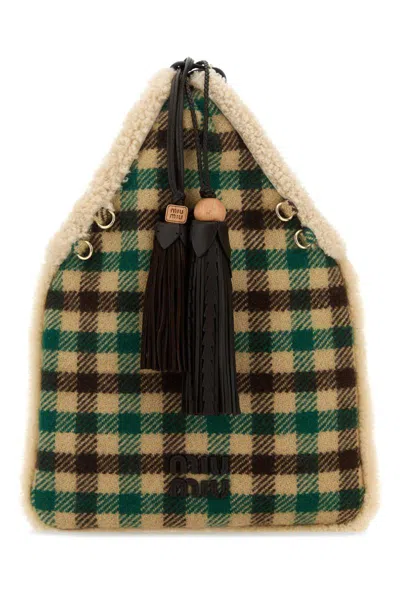 Miu Miu Checkered Fabric Handbag Dual Handles In Brown