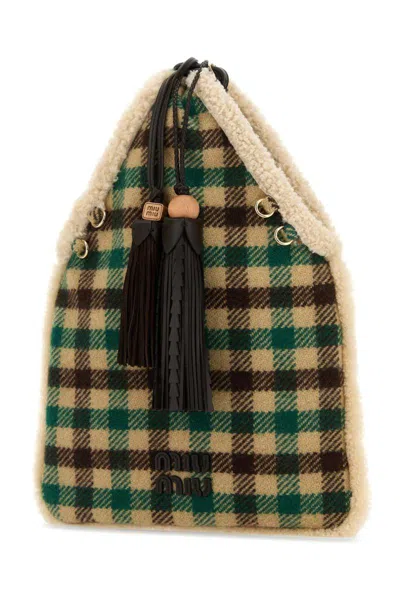 Miu Miu Checkered Fabric Handbag Dual Handles In Brown