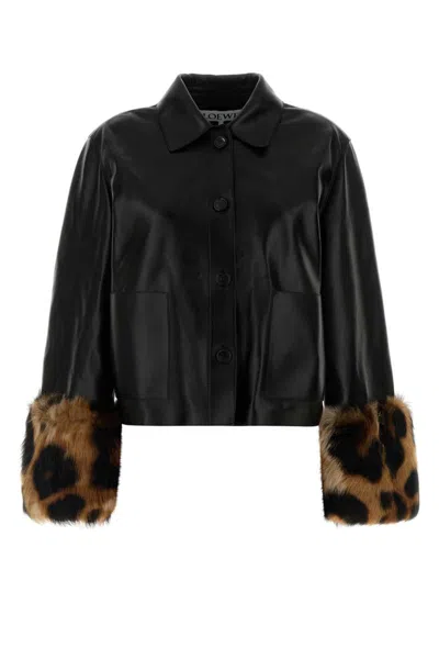 Loewe Leopard-print Shearling-trimmed Glossed-leather Jacket In Multi